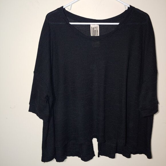 Free People Waffle Knit Split Back Oversized Thermal Top Size XS Black - Picture 1 of 7